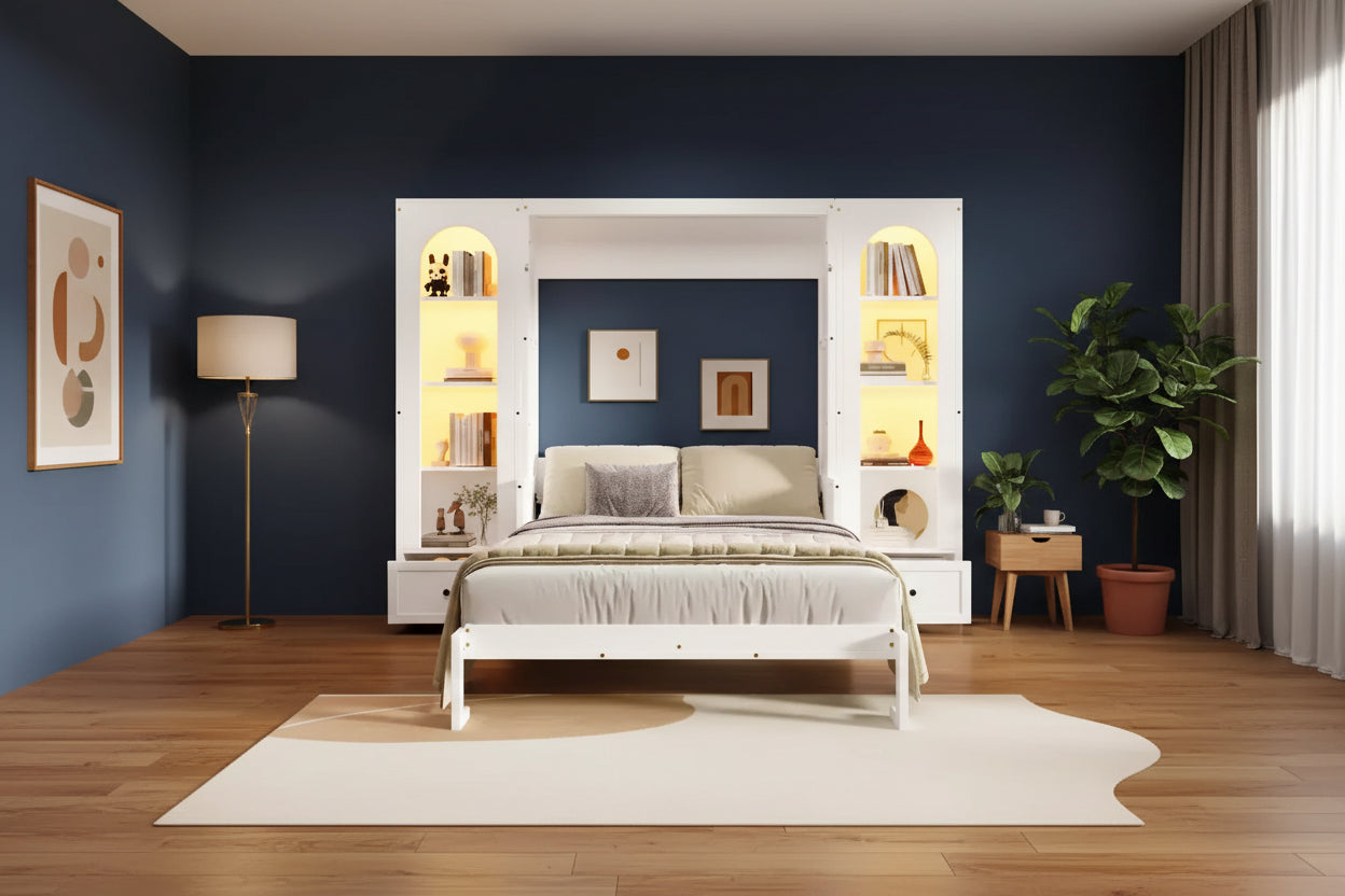 Queen Size Murphy Bed Wall Bed with Side Cabinets and LED Light, Cabinet Bed Folding Wall Bed with Storage Shelves and Drawers for Guest Room, White