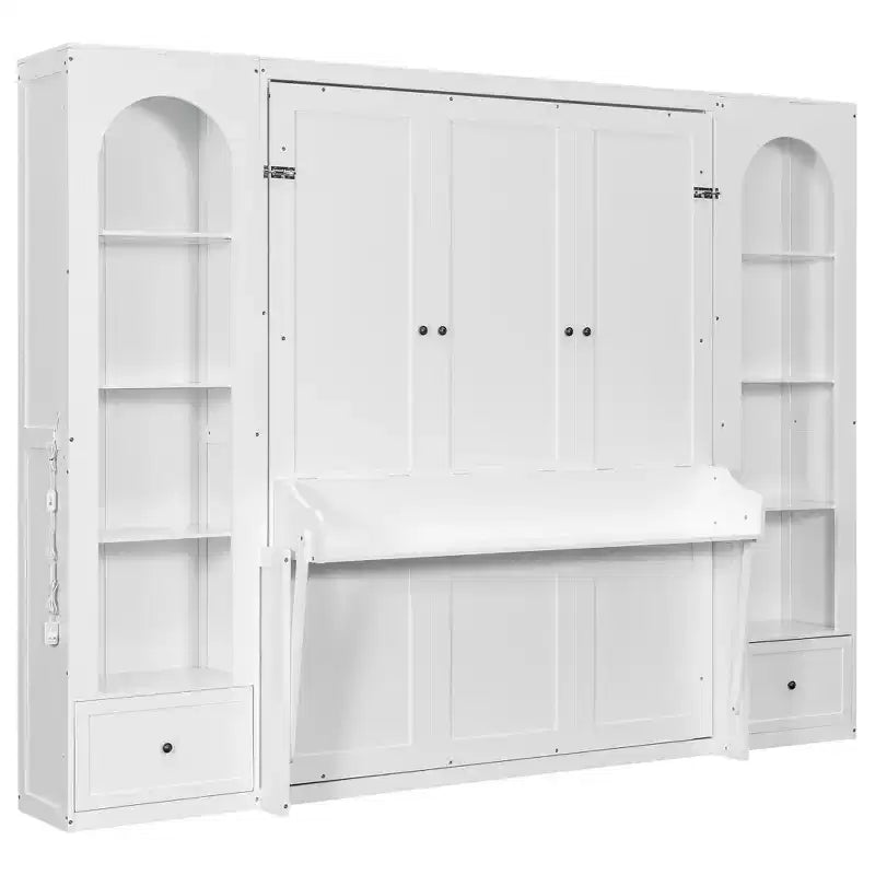 Cama Murphy Queen Size con gabinetes laterales y luz LED, cama de pared plegable con estantes de almacenamiento y cajones para habitación de invitados, blanca