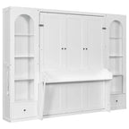 Cama Murphy Queen Size con gabinetes laterales y luz LED, cama de pared plegable con estantes de almacenamiento y cajones para habitación de invitados, blanca
