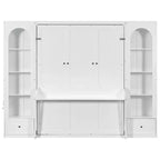 Cama Murphy Queen Size con gabinetes laterales y luz LED, cama de pared plegable con estantes de almacenamiento y cajones para habitación de invitados, blanca