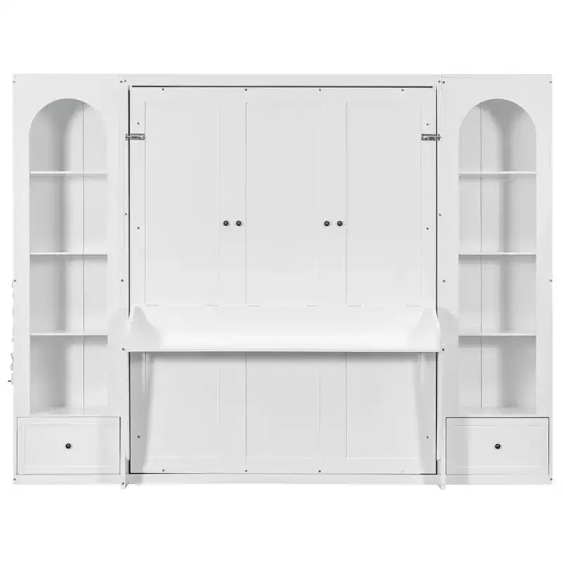 Cama Murphy Queen Size con gabinetes laterales y luz LED, cama de pared plegable con estantes de almacenamiento y cajones para habitación de invitados, blanca