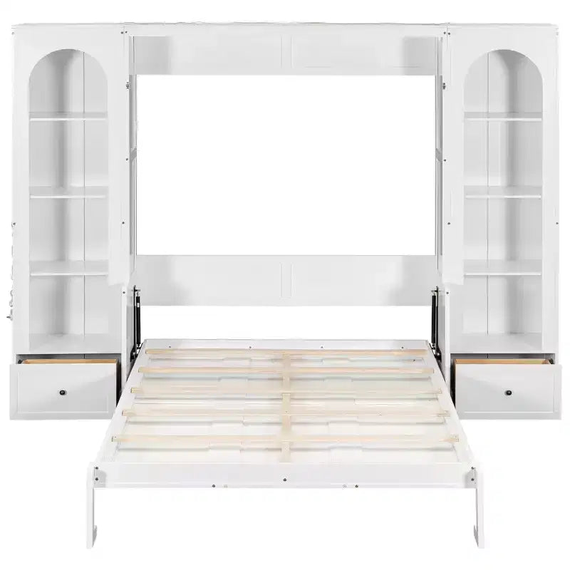 Cama Murphy Queen Size con gabinetes laterales y luz LED, cama de pared plegable con estantes de almacenamiento y cajones para habitación de invitados, blanca