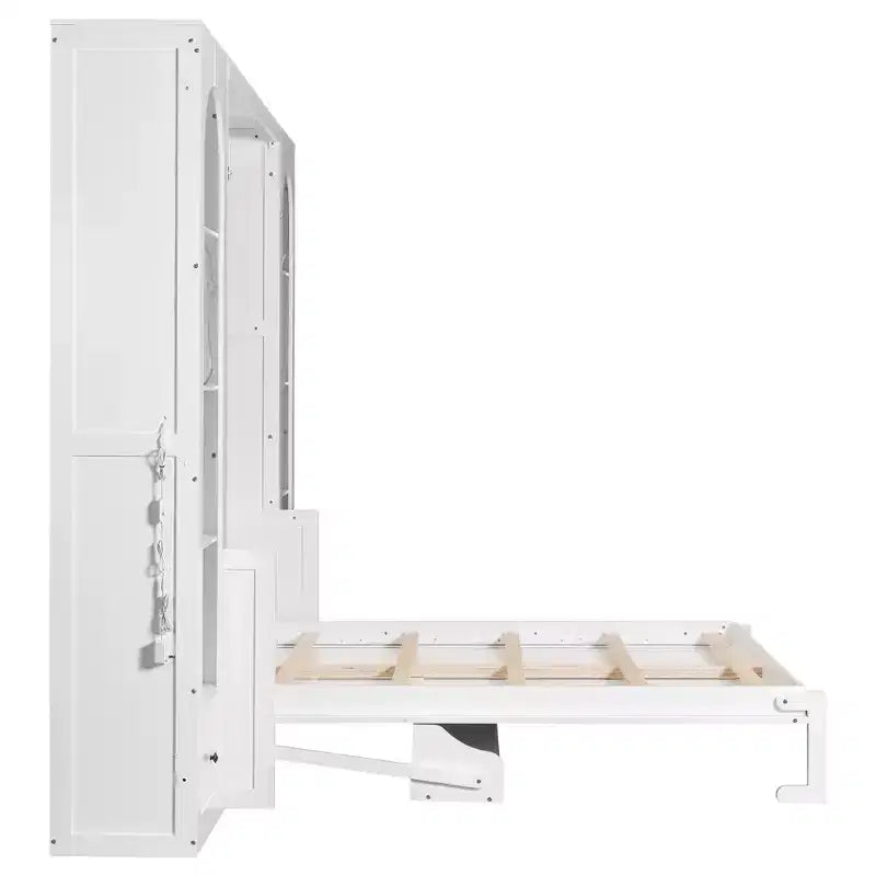 Cama Murphy Queen Size con gabinetes laterales y luz LED, cama de pared plegable con estantes de almacenamiento y cajones para habitación de invitados, blanca