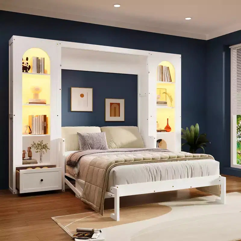 Cama Murphy Queen Size con gabinetes laterales y luz LED, cama de pared plegable con estantes de almacenamiento y cajones para habitación de invitados, blanca