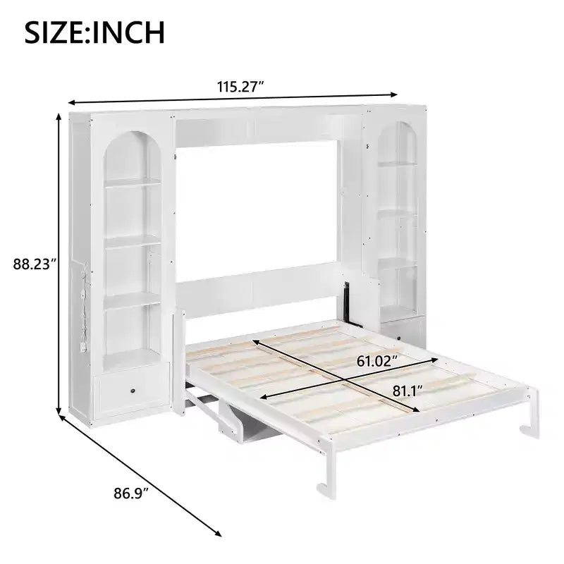 Cama Murphy Queen Size con gabinetes laterales y luz LED, cama de pared plegable con estantes de almacenamiento y cajones para habitación de invitados, blanca