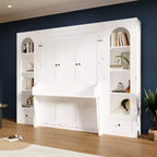 Cama Murphy Queen Size con gabinetes laterales y luz LED, cama de pared plegable con estantes de almacenamiento y cajones para habitación de invitados, blanca