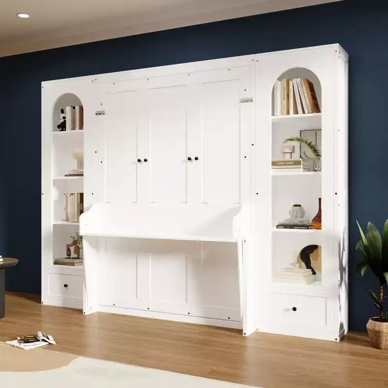 Cama Murphy Queen Size con gabinetes laterales y luz LED, cama de pared plegable con estantes de almacenamiento y cajones para habitación de invitados, blanca