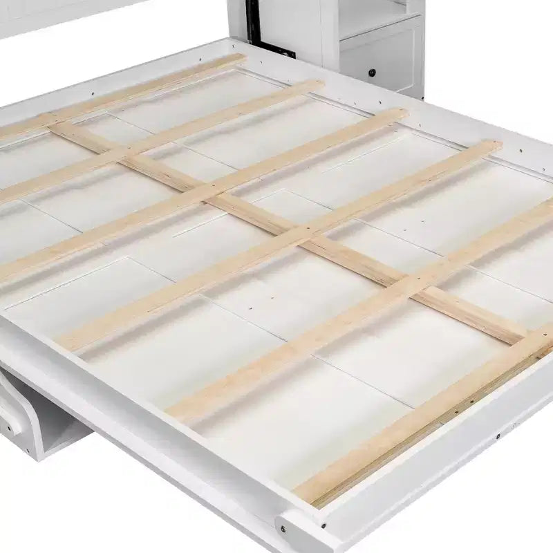 Cama Murphy Queen Size con gabinetes laterales y luz LED, cama de pared plegable con estantes de almacenamiento y cajones para habitación de invitados, blanca