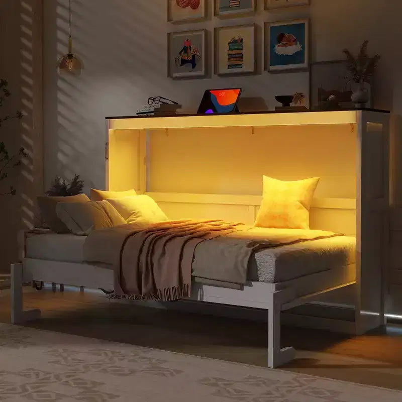 Cama Murphy individual con luz LED, se puede plegar en un gabinete, gabinete de cama de pared oculta para habitación de invitados