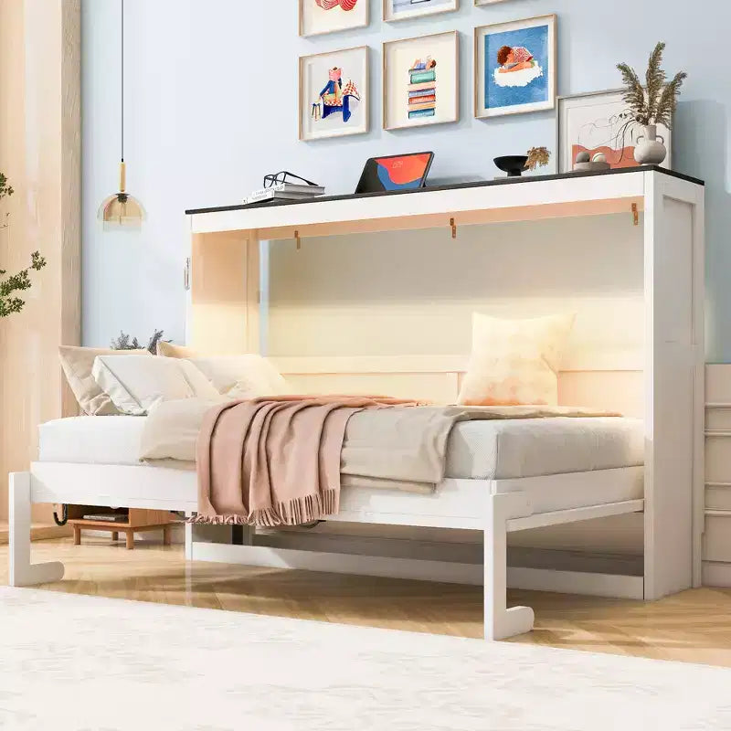 Cama Murphy individual con luz LED, se puede plegar en un gabinete, gabinete de cama de pared oculta para habitación de invitados
