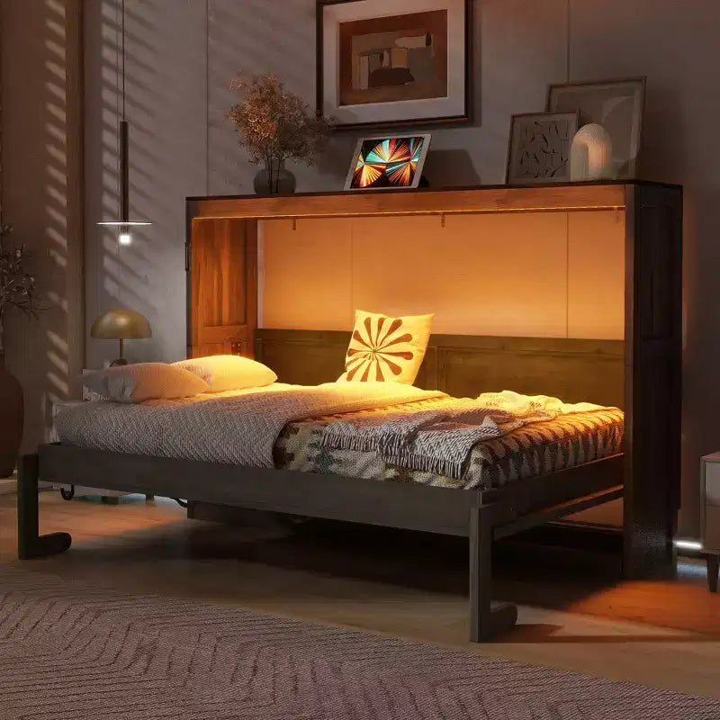Cama Murphy individual con luz LED, se puede plegar en un gabinete, gabinete de cama de pared oculta para habitación de invitados