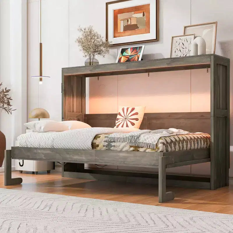 Cama Murphy individual con luz LED, se puede plegar en un gabinete, gabinete de cama de pared oculta para habitación de invitados