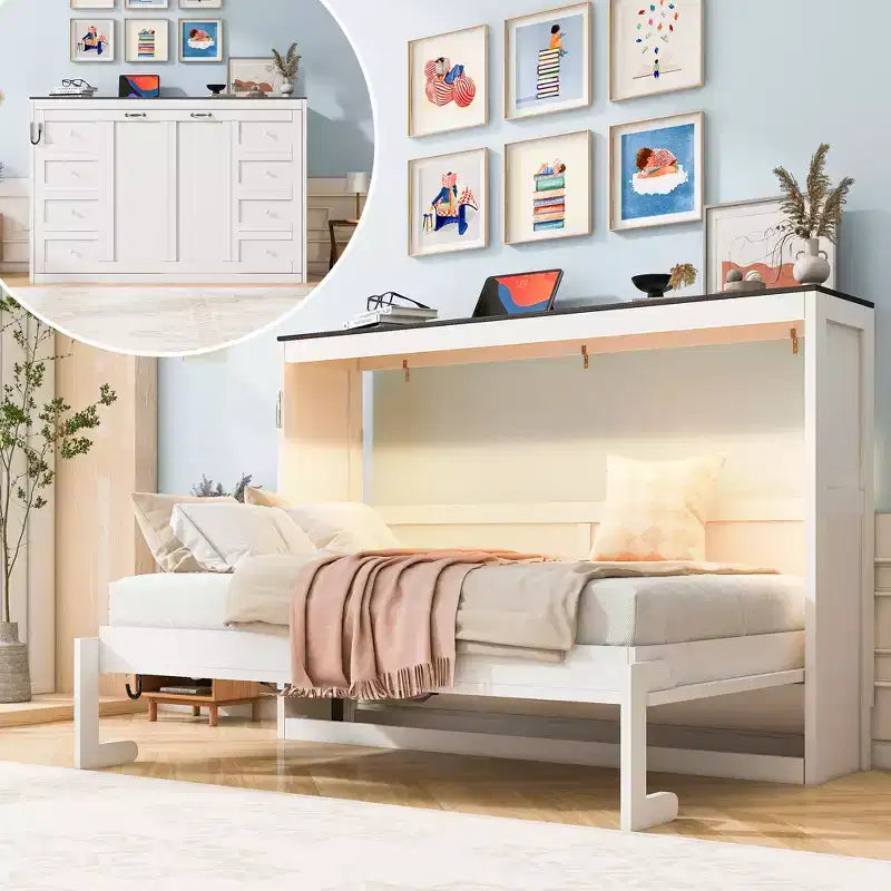 Cama Murphy individual con luz LED, se puede plegar en un gabinete, gabinete de cama de pared oculta para habitación de invitados