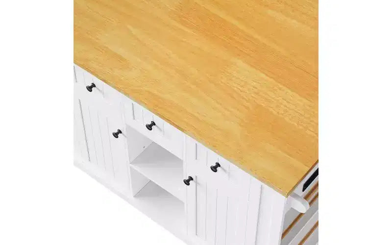 Isla de cocina con ruedas de 53 pulgadas con tablero abatible, tomacorriente, puerta y estante lateral, blanca