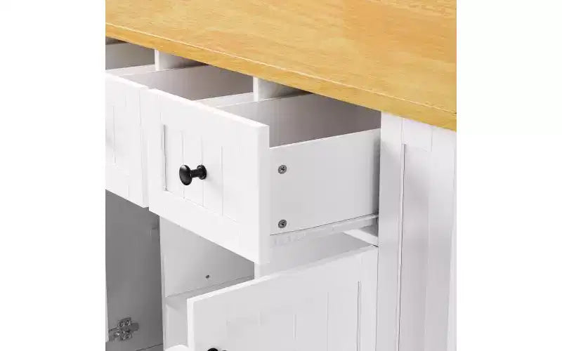 Isla de cocina con ruedas de 53 pulgadas con tablero abatible, tomacorriente, puerta y estante lateral, blanca