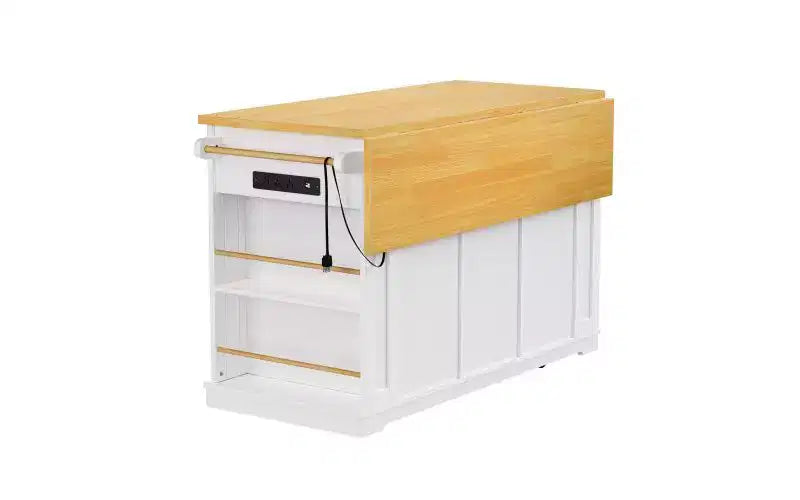Isla de cocina con ruedas de 53 pulgadas con tablero abatible, tomacorriente, puerta y estante lateral, blanca
