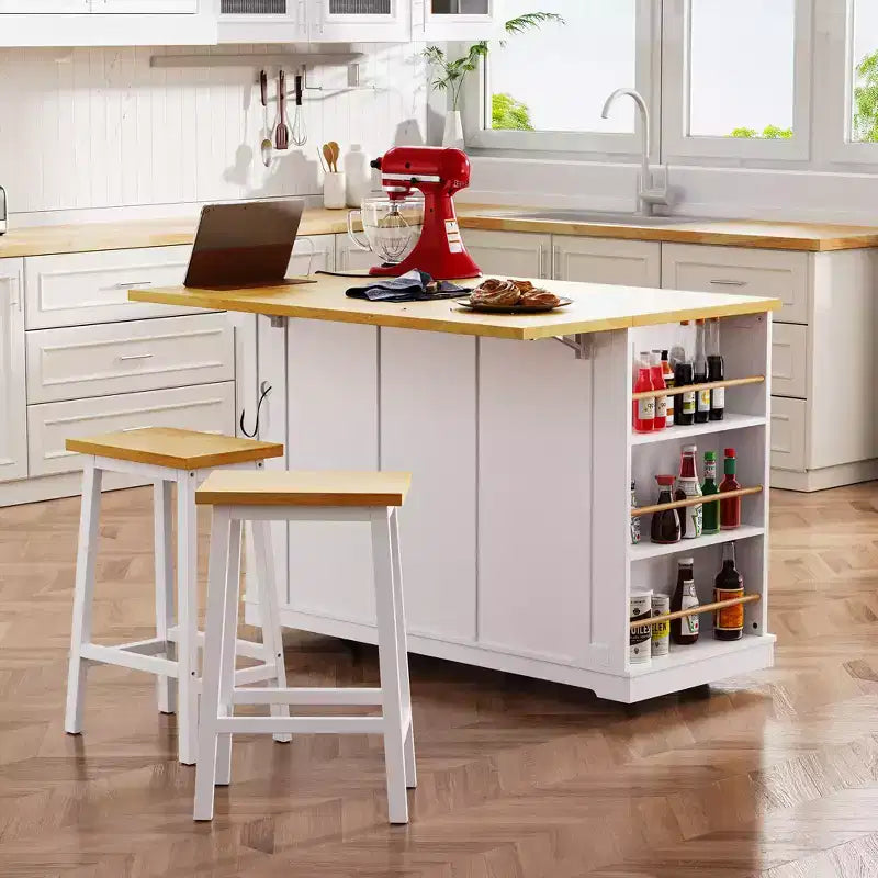 Isla de cocina con ruedas de 53 pulgadas con tablero abatible, tomacorriente, puerta y estante lateral, blanca
