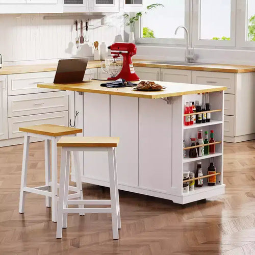 Isla de cocina con ruedas de 53 pulgadas con tablero abatible, tomacorriente, puerta y estante lateral, blanca