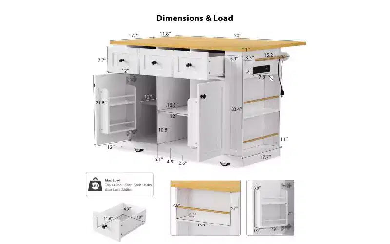 Isla de cocina con ruedas de 53 pulgadas con tablero abatible, tomacorriente, puerta y estante lateral, blanca
