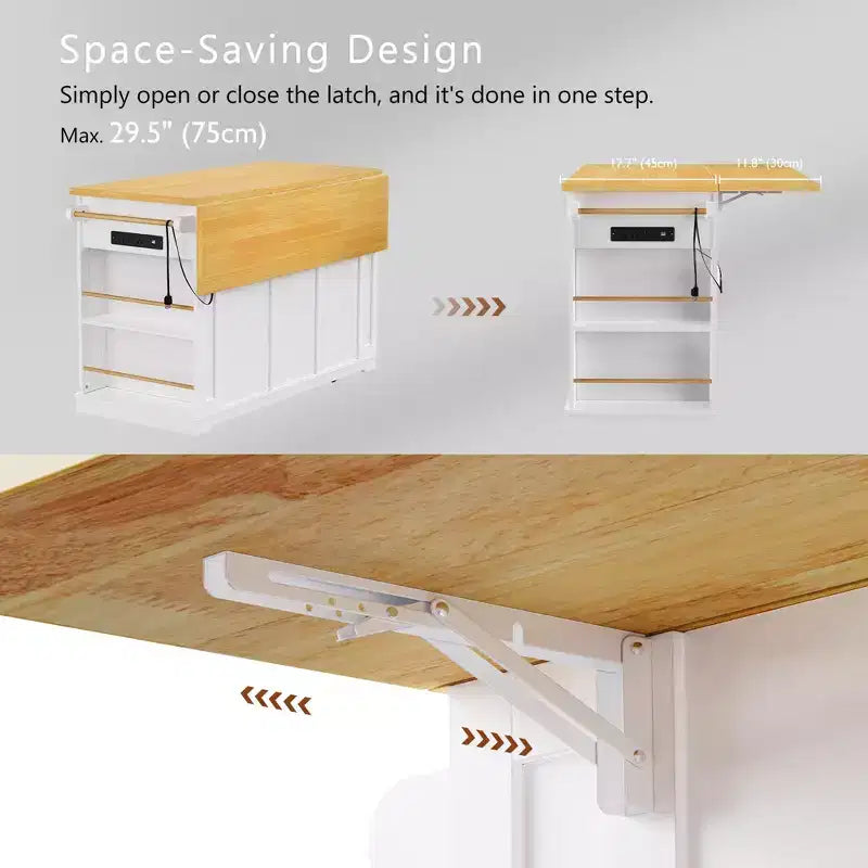 Isla de cocina con ruedas de 53 pulgadas con tablero abatible, tomacorriente, puerta y estante lateral, blanca