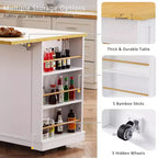 Isla de cocina con ruedas de 53 pulgadas con tablero abatible, tomacorriente, puerta y estante lateral, blanca