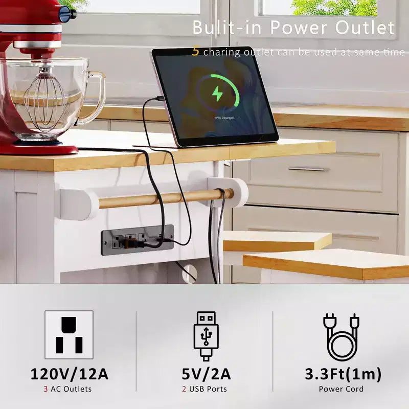 Isla de cocina con ruedas de 53 pulgadas con tablero abatible, tomacorriente, puerta y estante lateral, blanca