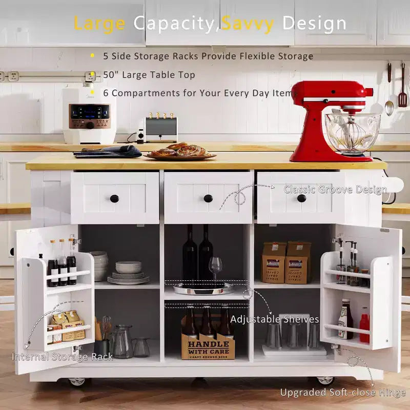 Isla de cocina con ruedas de 53 pulgadas con tablero abatible, tomacorriente, puerta y estante lateral, blanca