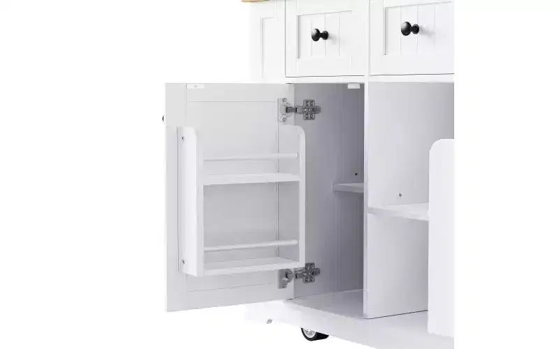 Isla de cocina con ruedas de 53 pulgadas con tablero abatible, tomacorriente, puerta y estante lateral, blanca