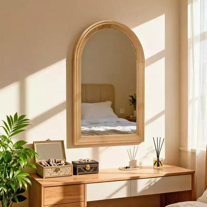 Espejo de pared arqueado con marco de madera, espejo decorativo rústico de 24 x 35 para baño, tocador, sala de estar-Panipeachy