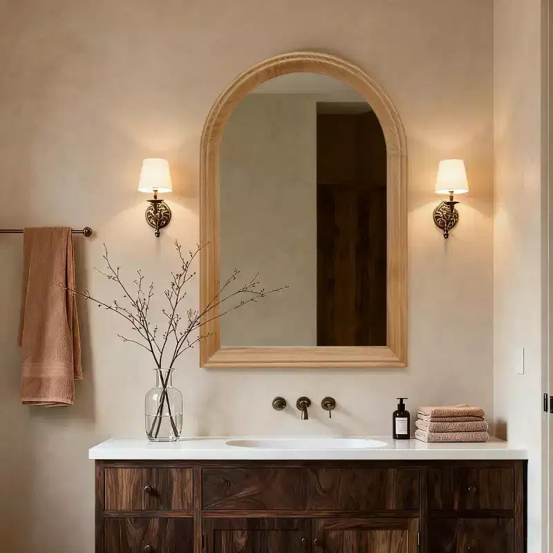 Espejo de pared arqueado con marco de madera, espejo decorativo rústico de 24 x 35 para baño, tocador, sala de estar-Panipeachy