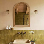 Espejo de pared arqueado con marco de madera, espejo decorativo rústico de 24 x 35 para baño, tocador, sala de estar-Panipeachy