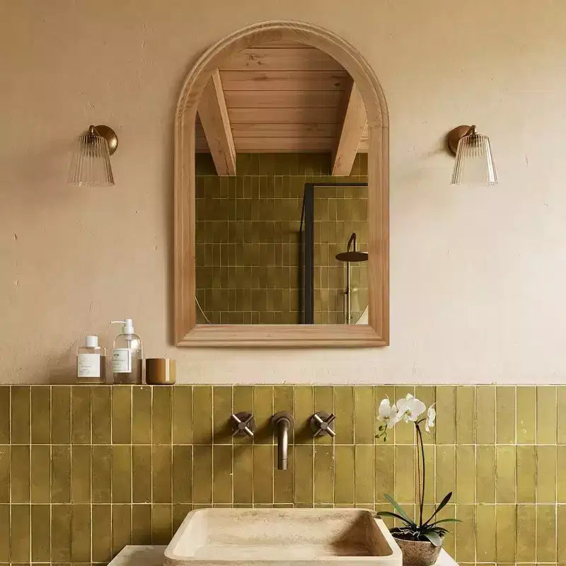 Espejo de pared arqueado con marco de madera, espejo decorativo rústico de 24 x 35 para baño, tocador, sala de estar-Panipeachy