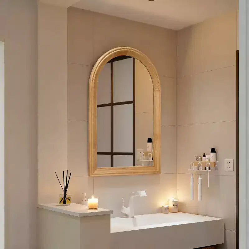 Espejo de pared arqueado con marco de madera, espejo decorativo rústico de 24 x 35 para baño, tocador, sala de estar-Panipeachy
