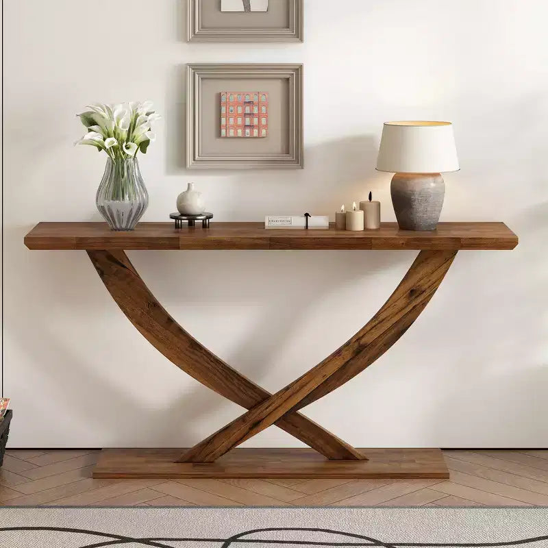 Mesa de consola rústica moderna de 57'' para entrada, mesa estrecha para sofá con diseño de patas cruzadas