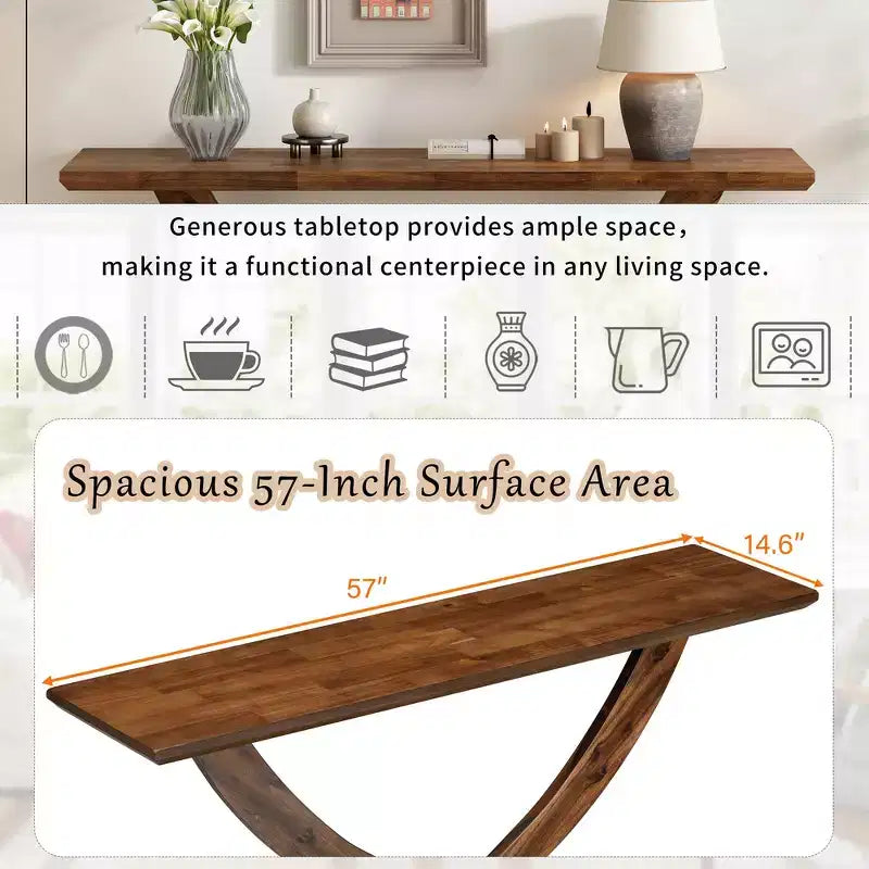 Mesa de consola rústica moderna de 57'' para entrada, mesa estrecha para sofá con diseño de patas cruzadas