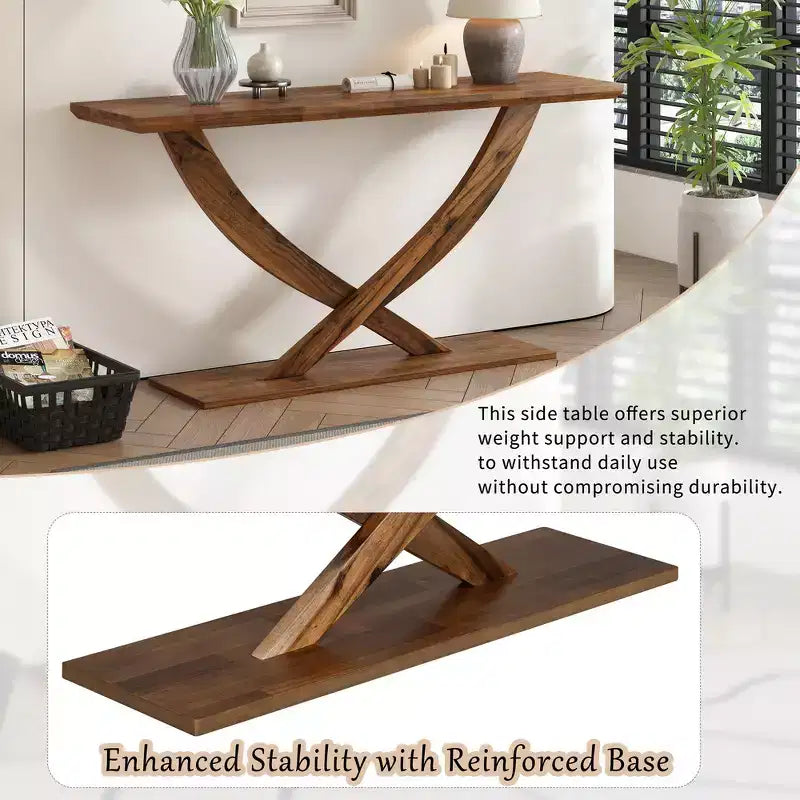 Mesa de consola rústica moderna de 57'' para entrada, mesa estrecha para sofá con diseño de patas cruzadas