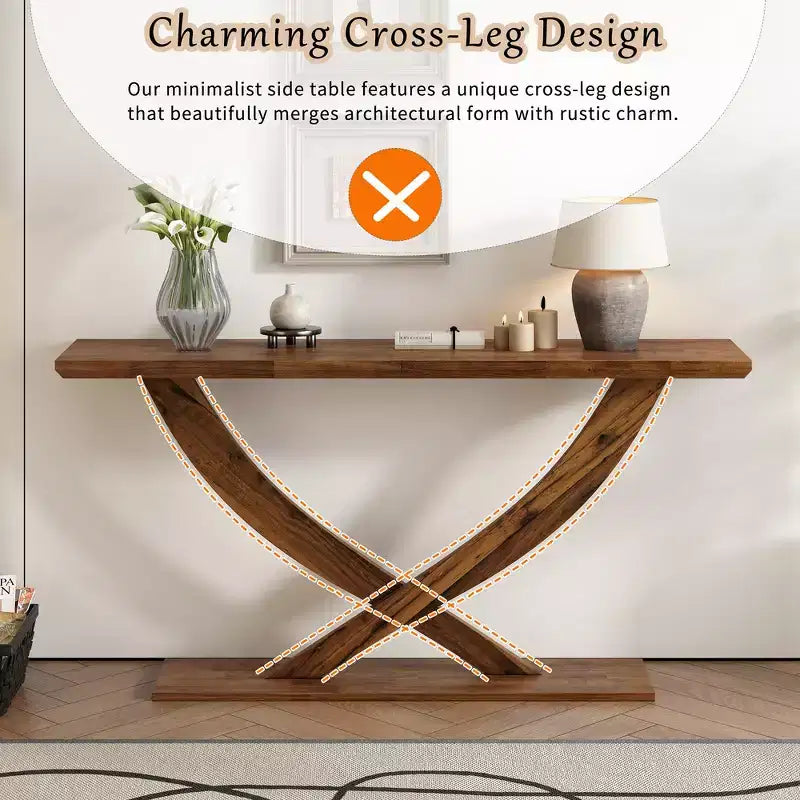 Mesa de consola rústica moderna de 57'' para entrada, mesa estrecha para sofá con diseño de patas cruzadas