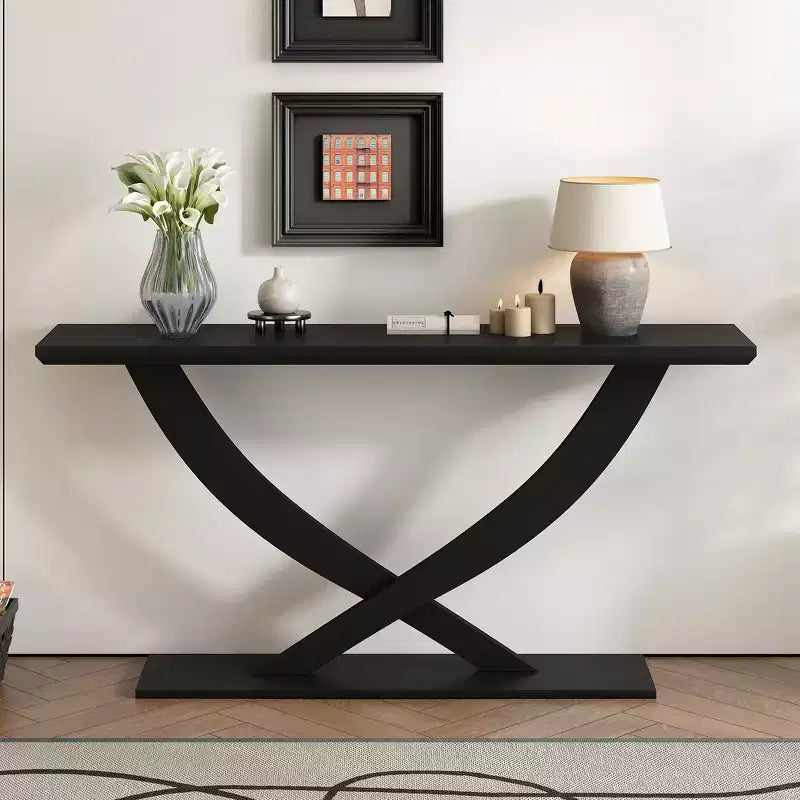 Mesa de consola rústica moderna de 57'' para entrada, mesa estrecha para sofá con diseño de patas cruzadas
