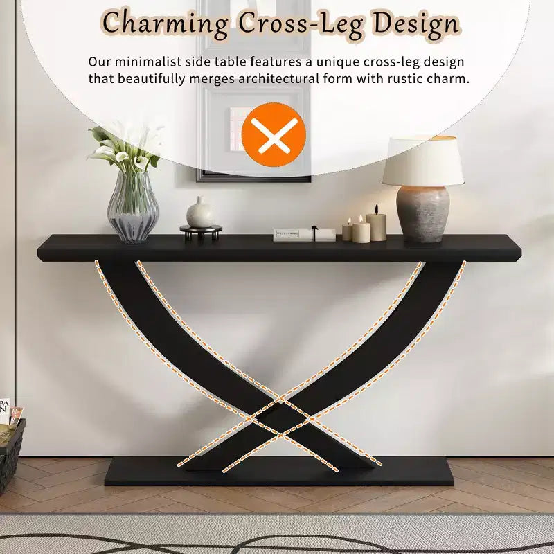 Mesa de consola rústica moderna de 57'' para entrada, mesa estrecha para sofá con diseño de patas cruzadas