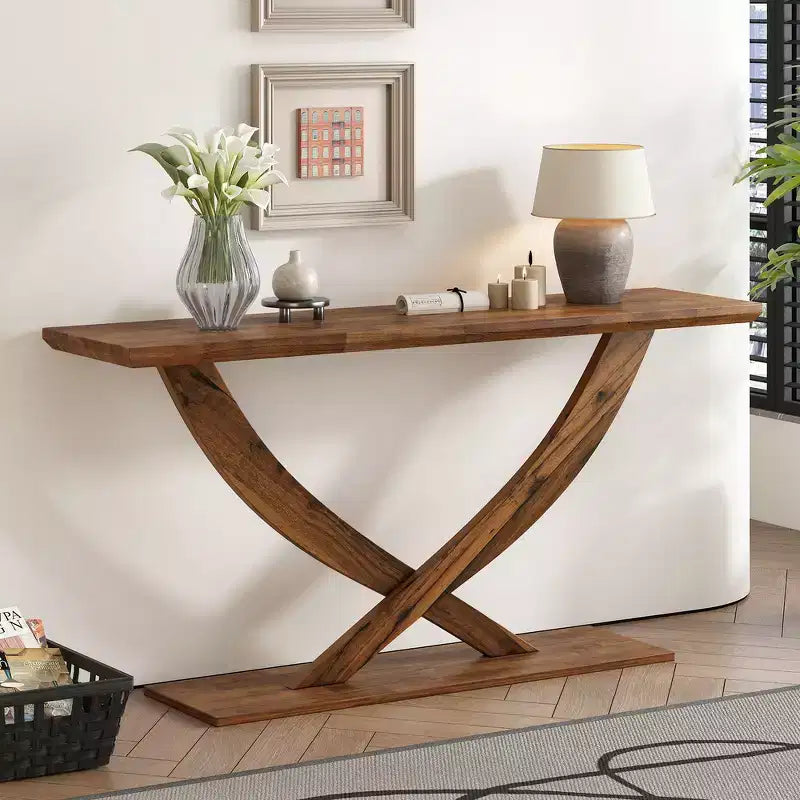Mesa de consola rústica moderna de 57'' para entrada, mesa estrecha para sofá con diseño de patas cruzadas