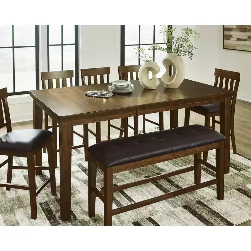 Banco de comedor tapizado a la altura de la encimera, asiento de piel sintética, acabado marrón medio