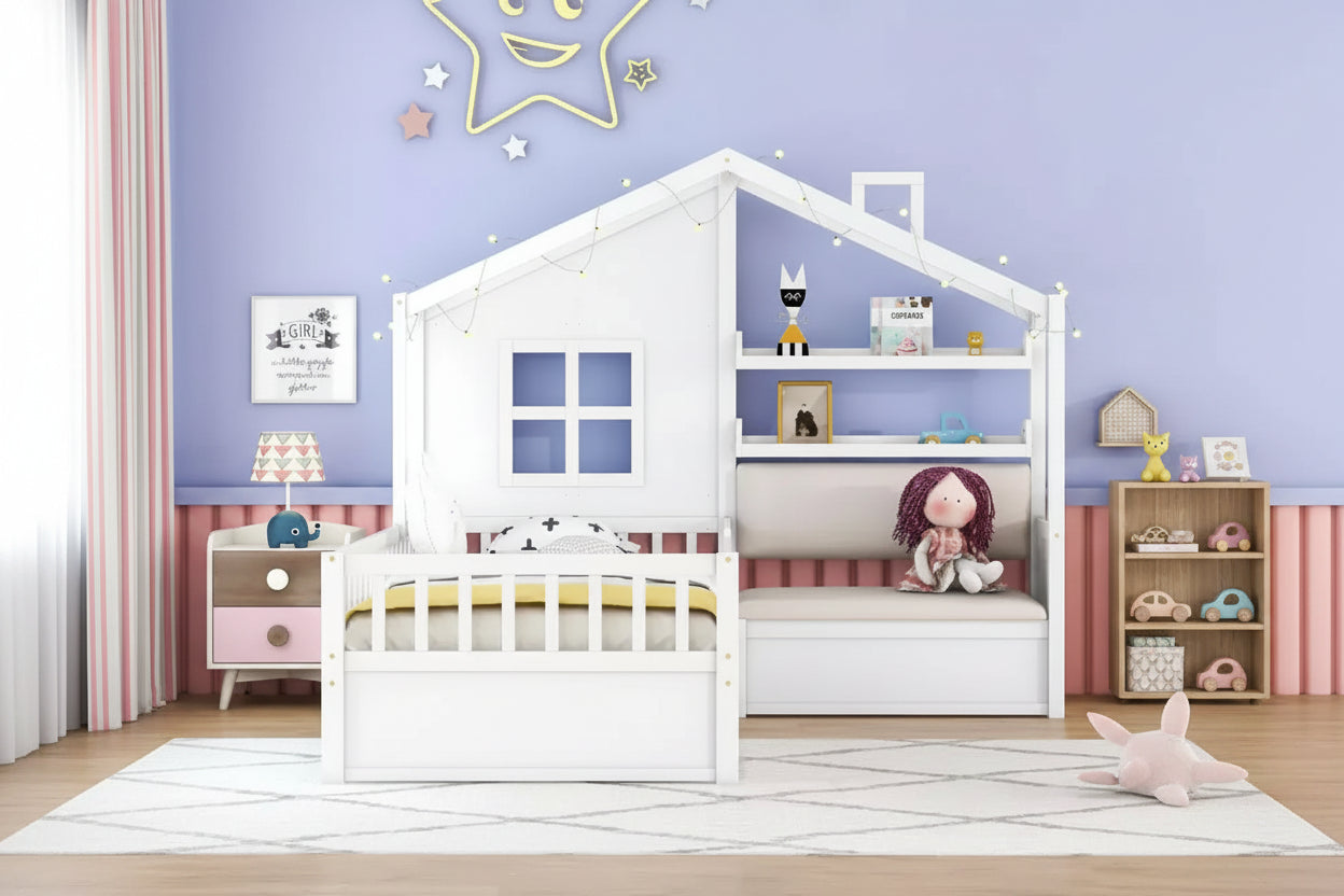 MAYEERTY Twin Size House Bed with Sofa Kids Platform Bed with Two Drawers and Storage Shelf for Bedroom White