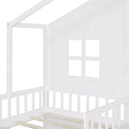 Cama infantil individual con diseño de casa, sofá lateral, 2 cajones y estante de almacenamiento, blanca