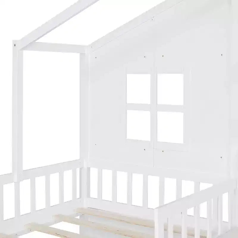 Cama infantil individual con diseño de casa, sofá lateral, 2 cajones y estante de almacenamiento, blanca
