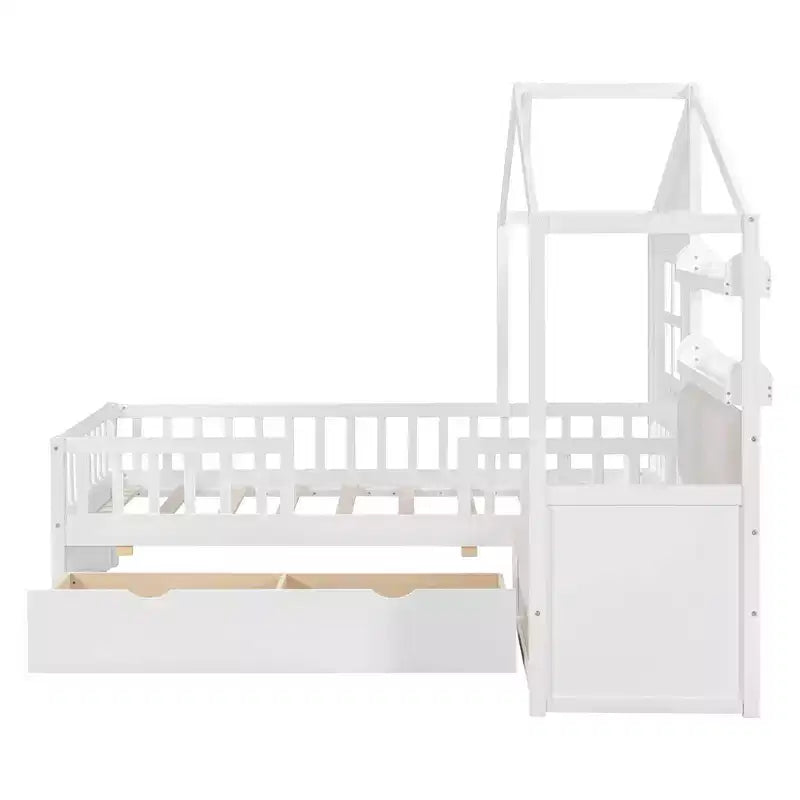 Cama infantil individual con diseño de casa, sofá lateral, 2 cajones y estante de almacenamiento, blanca