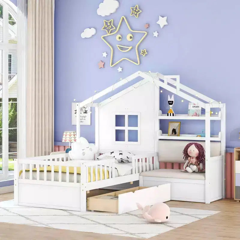 Cama infantil individual con diseño de casa, sofá lateral, 2 cajones y estante de almacenamiento, blanca