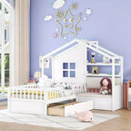 Cama infantil individual con diseño de casa, sofá lateral, 2 cajones y estante de almacenamiento, blanca