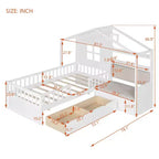 Cama infantil individual con diseño de casa, sofá lateral, 2 cajones y estante de almacenamiento, blanca