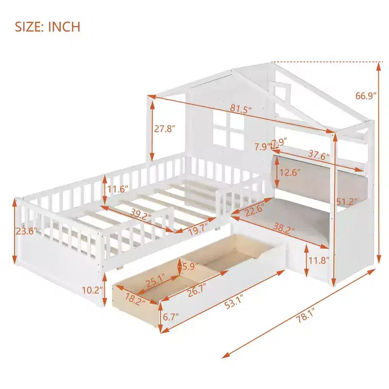 Cama infantil individual con diseño de casa, sofá lateral, 2 cajones y estante de almacenamiento, blanca