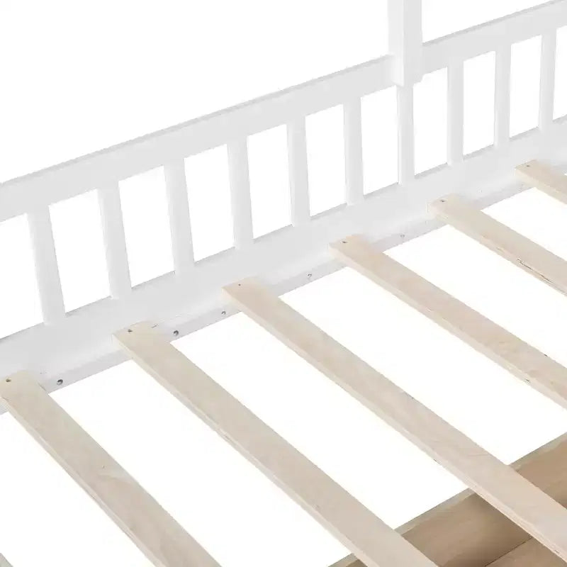 Cama infantil individual con diseño de casa, sofá lateral, 2 cajones y estante de almacenamiento, blanca